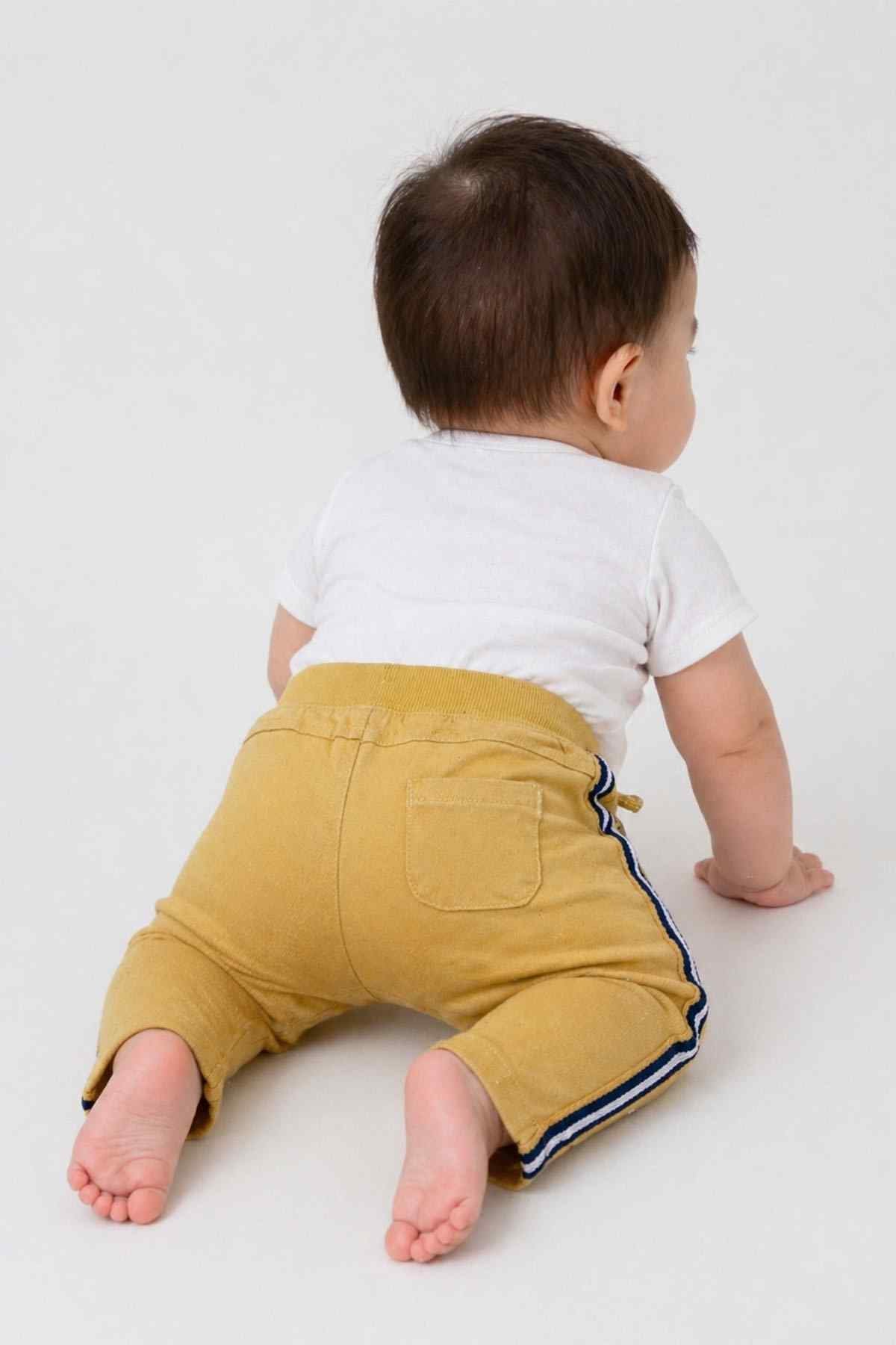 Yellow baby pants with side stripe, back pockets and waistband drawstring