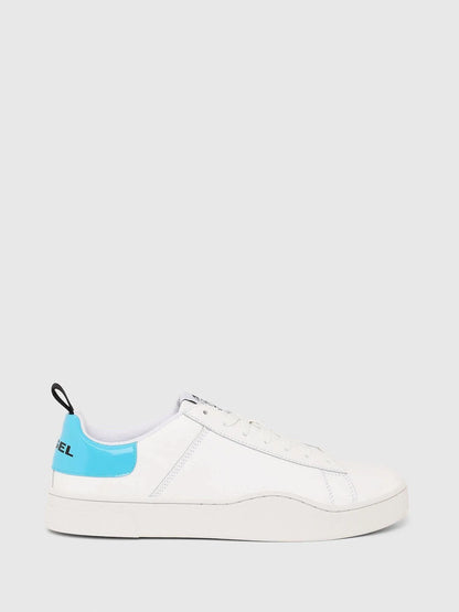 White and light blue Diesel low-top sneakers with black heel pull tab