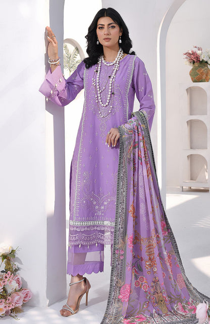Light purple embroidered kurta with flowing multicolor dupatta and lace trim hem.