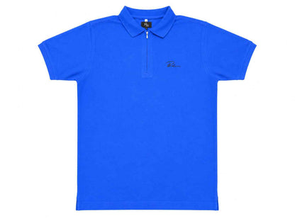 Royal blue polo shirt front with knit collar and embroidered chest logo