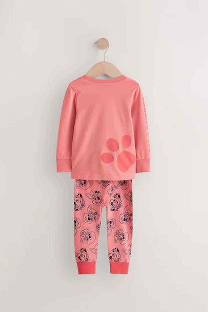 Kids' coral pink long-sleeve pajama set with paw logo and printed pants