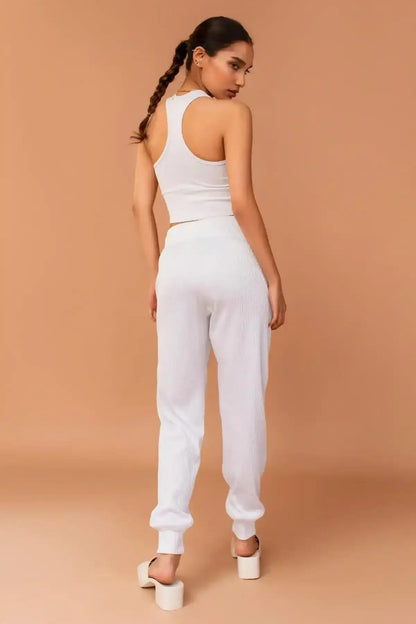 White crop tank and jogger pants set, side view