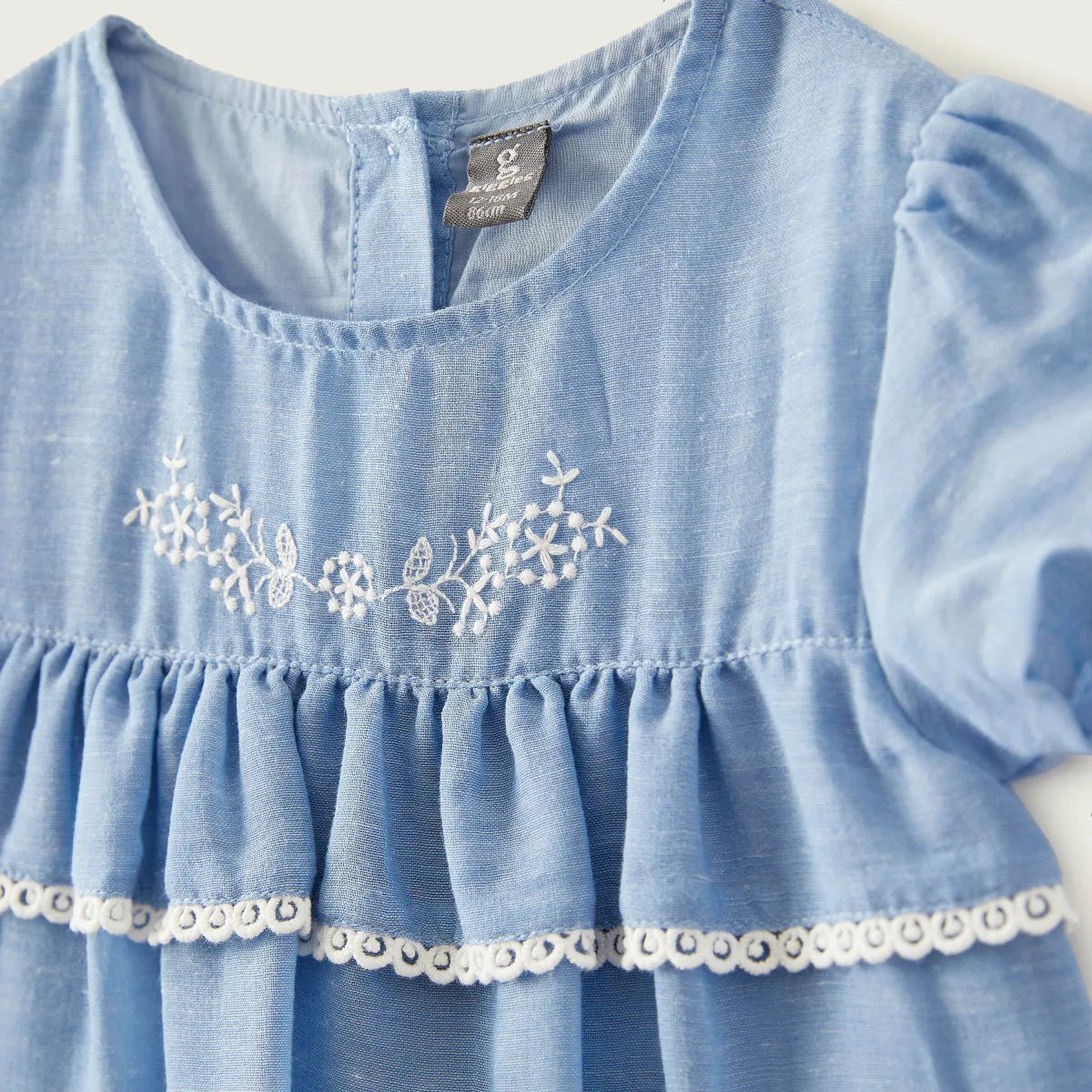 Blue baby dress close-up: gathered bodice, white lace trim, snowflake embroidery
