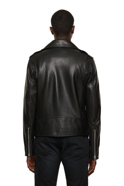 Black leather biker jacket back view with center seam and zipper cuffs