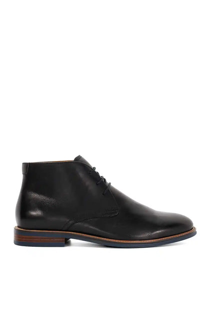 Black ankle boot with lace-up front, rounded toe, brown-blue sole