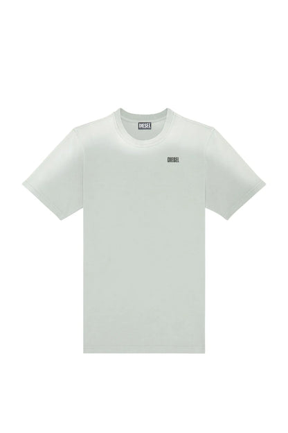 Diesel sage T-shirt flat lay with small chest logo and crew neck