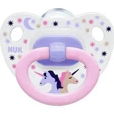 Pink silicone pacifier with unicorn and star print