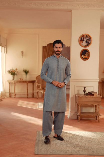 Men's blue-gray yarn-dyed kurta and trousers, standing front view
