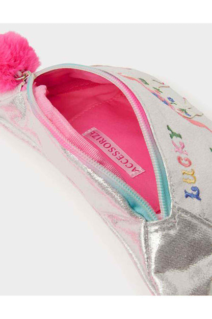 Silver kids belt bag closeup with pink lining and zipper pocket detail
