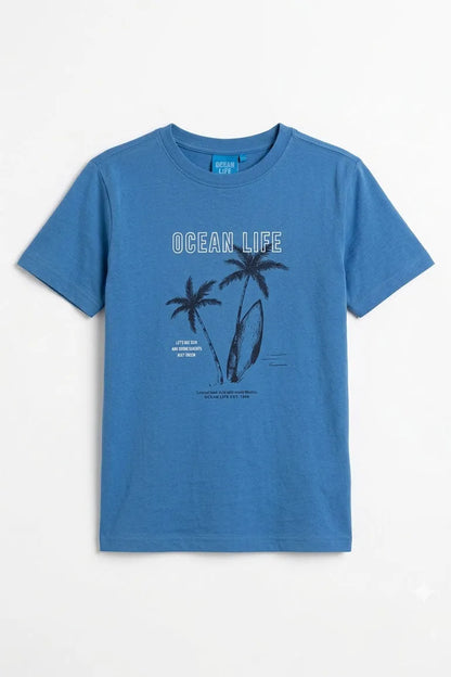 Kids' blue Ocean Life graphic T-shirt with palm tree artwork