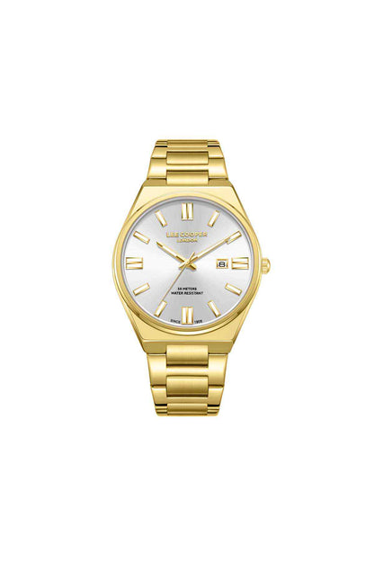 Gold analog wristwatch with white dial and gold link bracelet
