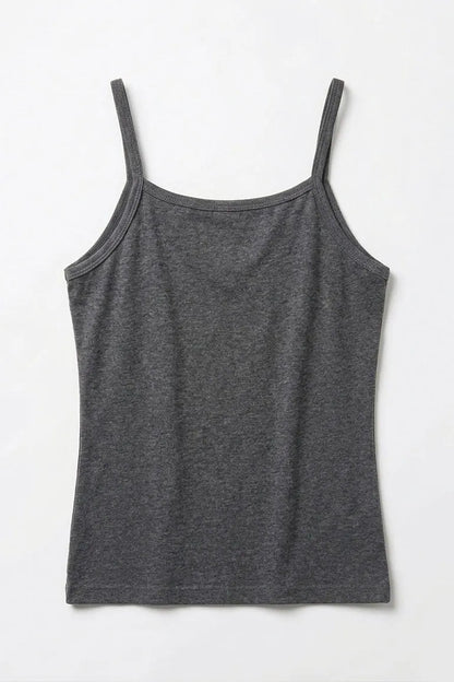 Dark grey sleeveless camisole tank top with thin spaghetti straps
