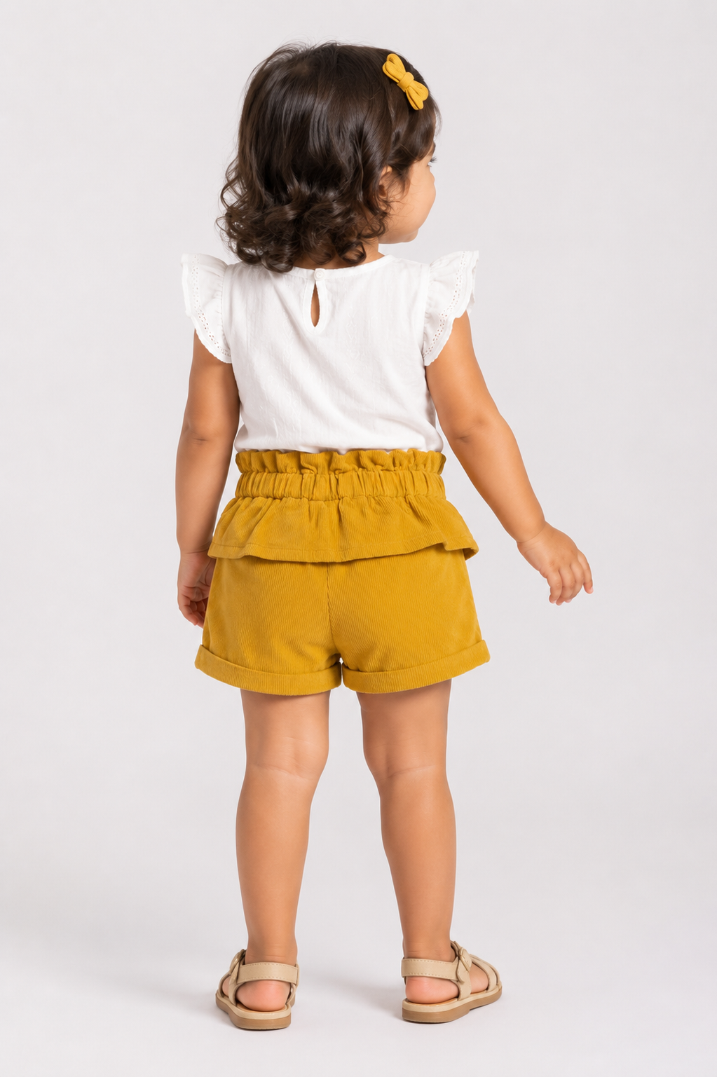 Yellow baby shorts with elastic waistband and layered ruffle tiers, back view