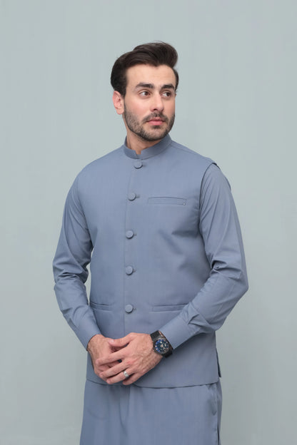 Men's light blue button-front waistcoat with stand collar and chest pocket