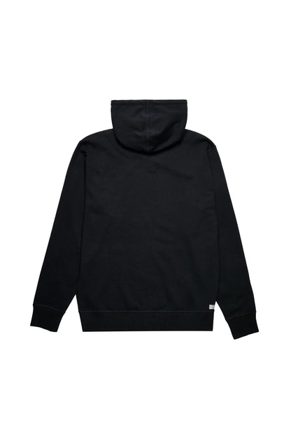 Black zip-up hoodie back view with hood and ribbed cuffs