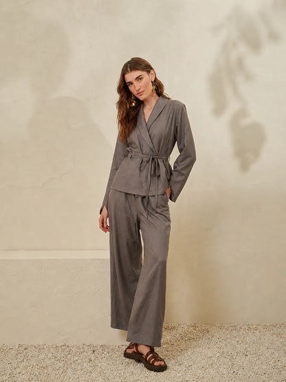 Grey wrap peplum top with tie waist and matching wide-leg pants set