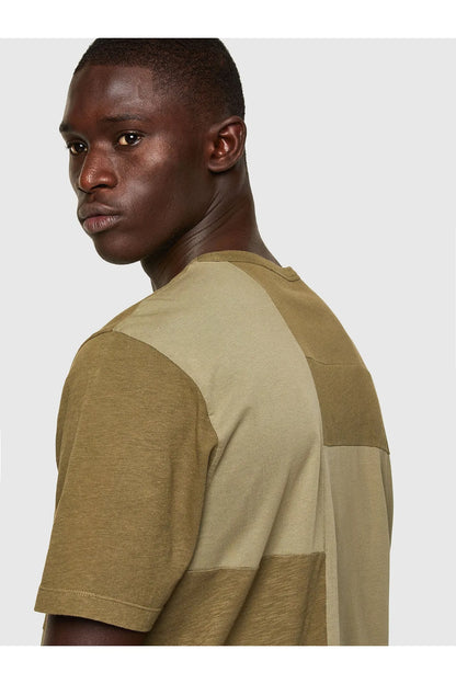 Men's olive T-shirt side view with contrast shoulder panel and chest text print