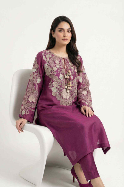 Plum long dress kurta with ornate embroidery, tassel trim, and matching straight pants.