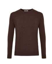 Brown crewneck knit sweater with long sleeves and ribbed cuffs