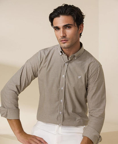 Men's fitted grey striped button-up shirt, chest pocket, long sleeves