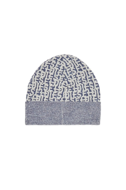Blue-and-white patterned knit beanie with textured ribbed cuff