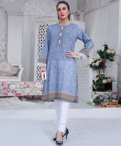 Light blue printed tunic with round neckline, embroidered yoke, and border hem