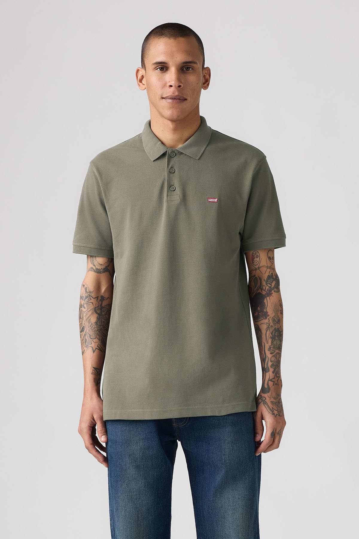Levi's olive-green polo shirt with buttoned collar and chest logo