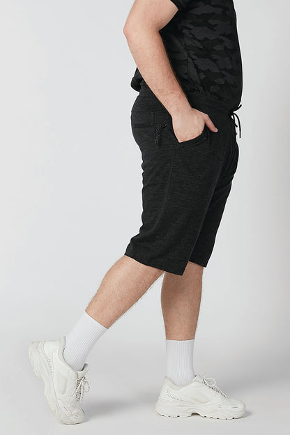 Black heather knit knee-length shorts with drawstring and side pockets