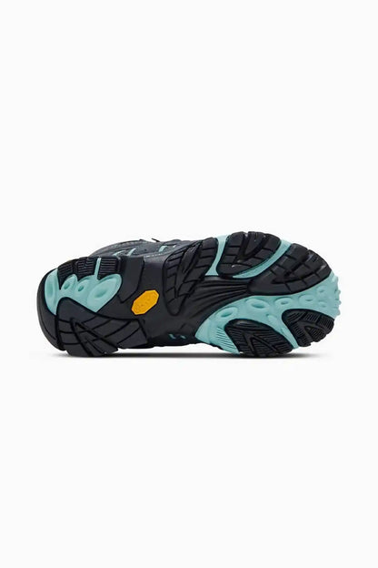 Merrell hiking shoe outsole view, black tread with teal details and traction lugs