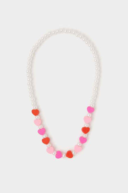 Pink and red heart bead necklace with pearl-look bead strand
