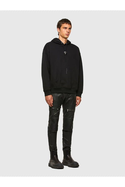 Black zip-front hoodie with drawstring hood, ribbed cuffs, and front pocket.