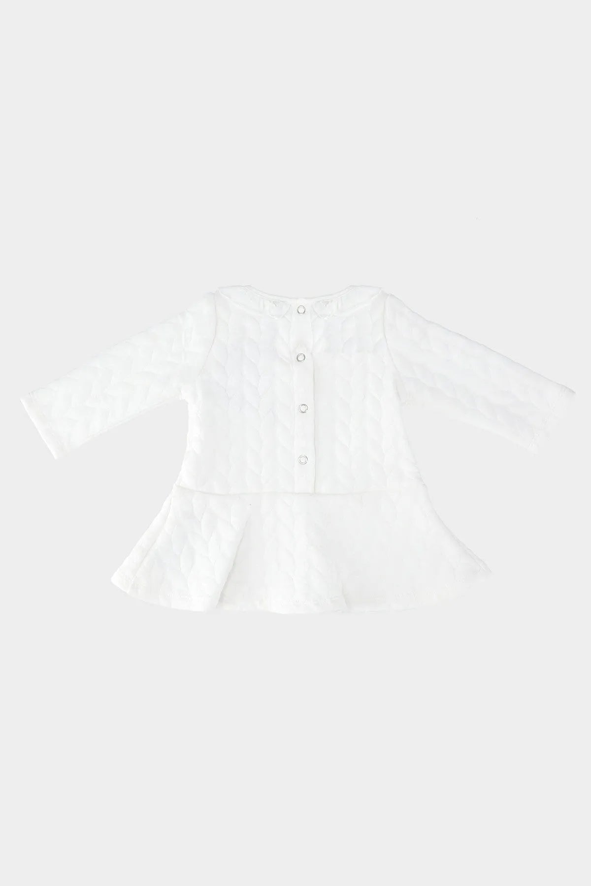 Cream baby dress with button-front, long sleeves and flared skirt