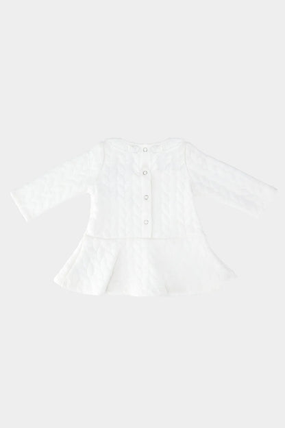 Cream baby dress with button-front, long sleeves and flared skirt