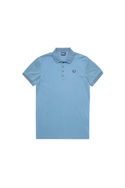 Diesel blue polo shirt flat lay, collared top with button placket