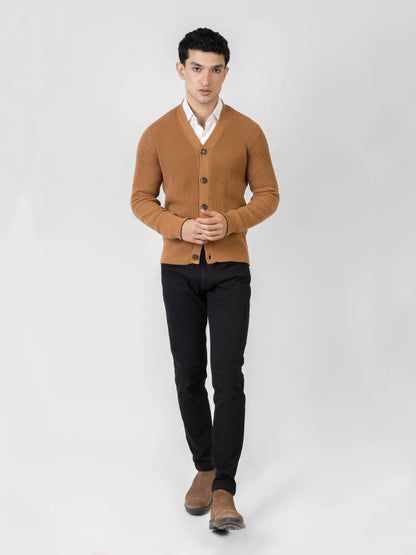 Brumano men's brown cotton cardigan with V-neck, button front, worn with black pants