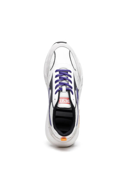 Diesel white low-top sneakers with blue laces and mesh toe panels