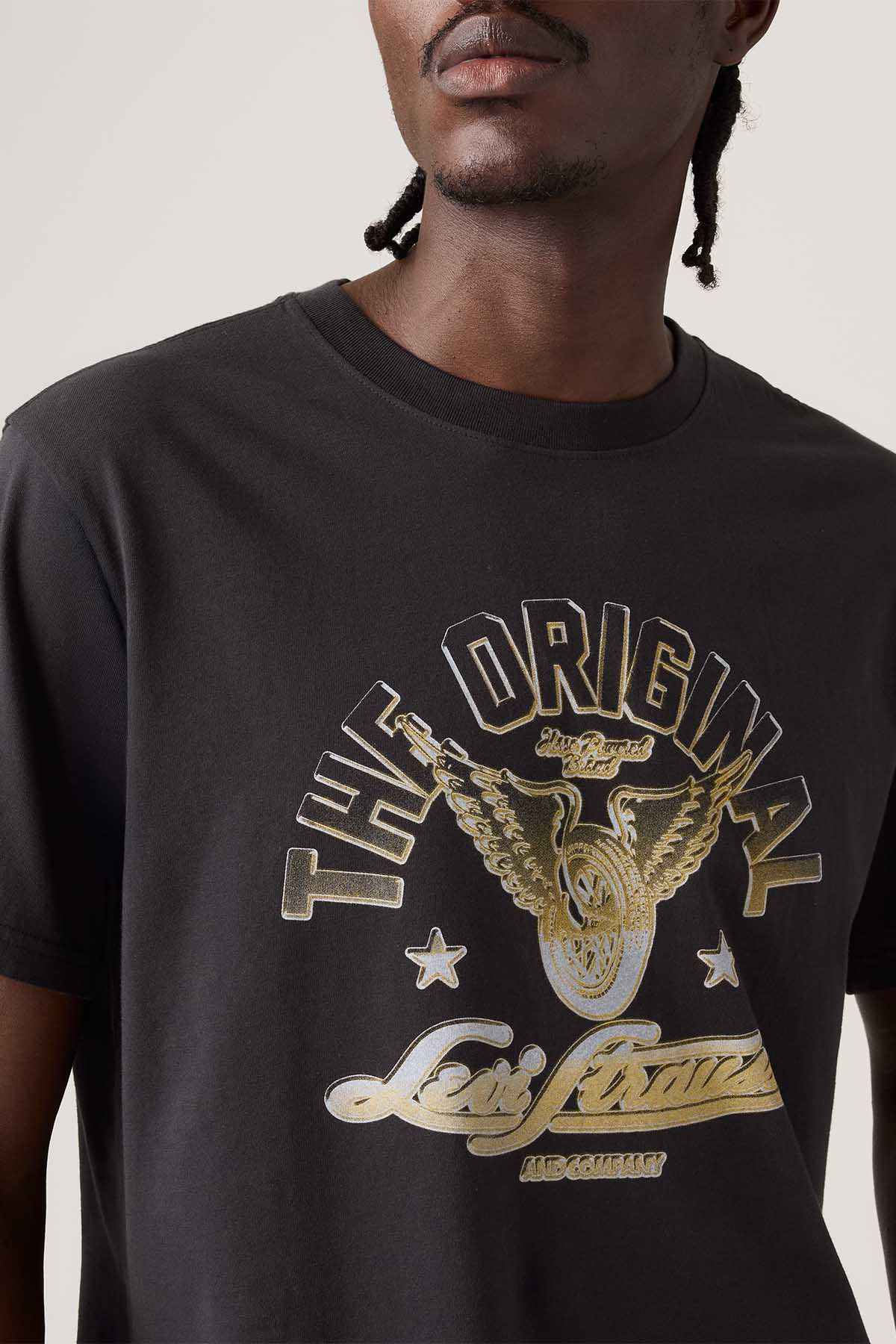 Men's dark T-shirt close-up of front graphic and neckline