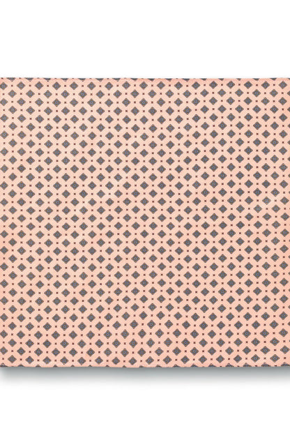 Pink patterned fabric with repeating geometric motif, smooth flat view