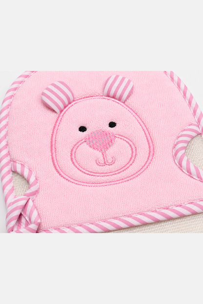 Pink bunny face detail on a hooded baby towel with striped corner ties