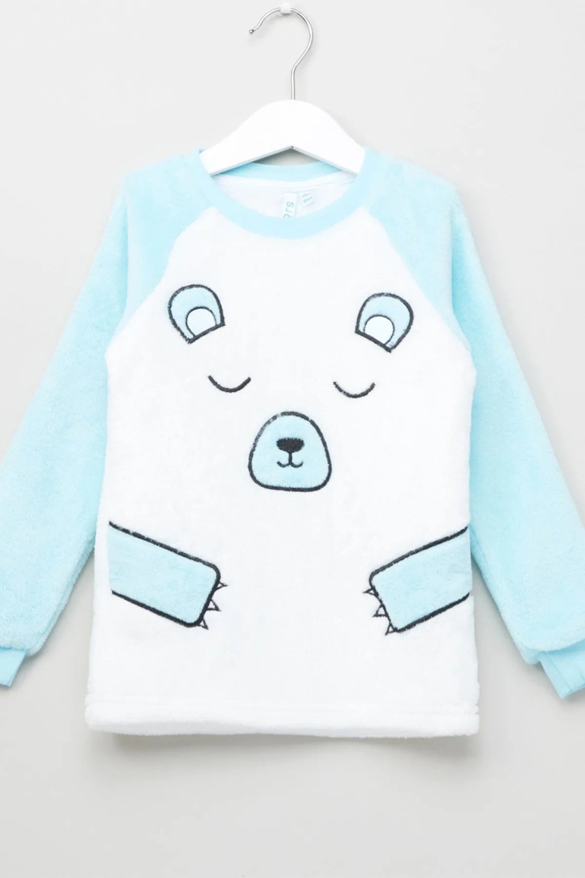 BABYSHOP long-sleeve baby top, white front with light blue raglan sleeves and dog face