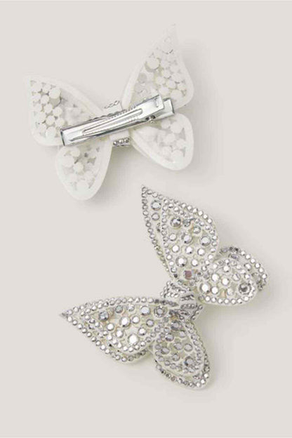 Silver rhinestone bow hair clips with metal snap, three-piece set