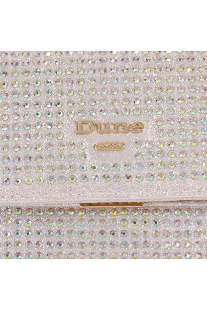 Dune London logo plaque on glitter rhinestone flap, gold-tone detail