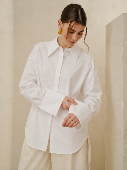 Licci white button-up shirt with stand collar, long sleeves, tied cuffs