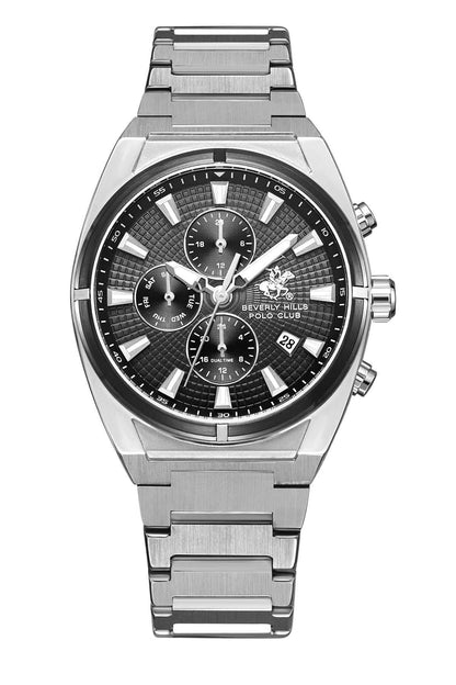 Silver metal chronograph watch with black textured dial and three subdials, crown on right.