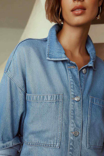 Next mid blue denim jacket close-up of collar, button front, and chest pockets