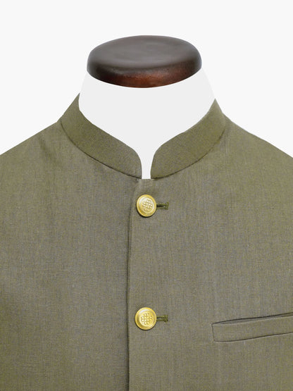 Brumano olive sleeveless vest close-up, stand collar and gold button detail