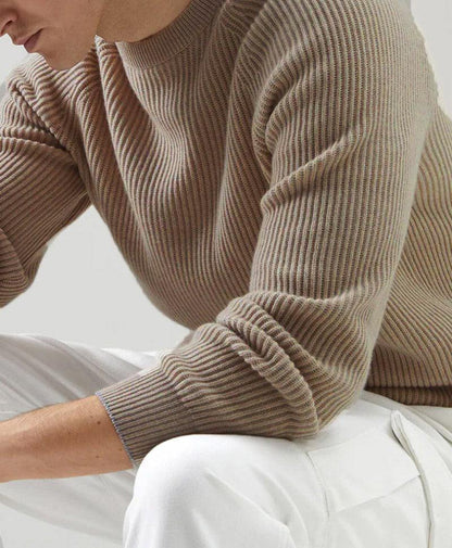 Fitted crewneck knit sweater, heather gray ribbed cuffs and hem, long sleeves