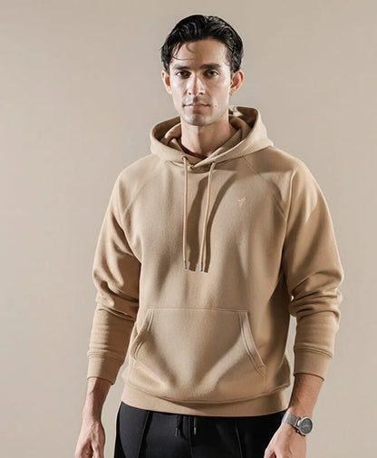 Beige fitted pullover hoodie with drawstring hood and kangaroo pocket