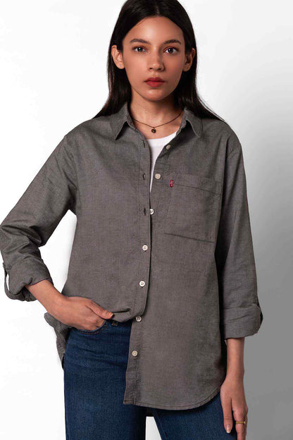 Dark grey button-up shirt with chest pocket and logo tag