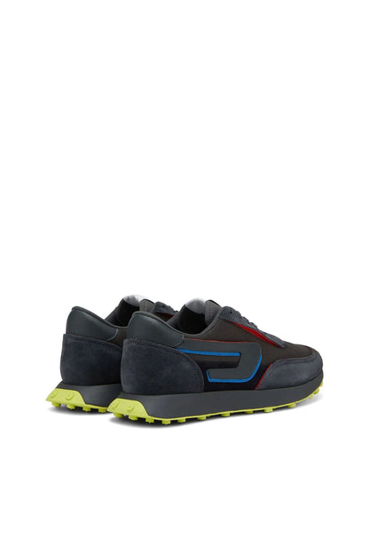 Dark grey running shoes with blue side panel, red stripe detail, neon green sole